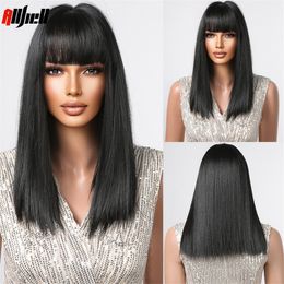 Synthetic Wigs with Bangs Natural Black Daily Womens Wig Straight Hair Medium Length Heat Resistant for Women Party Cosplay Use
