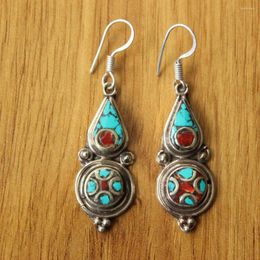 Dangle Earrings ER179 Nepal Hand Jewellery Tibetan Ethnic For Lady Vintage Copper Inlaid Turquoises Coral Stone Earring