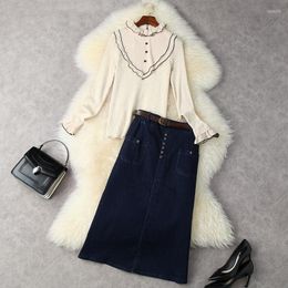 Casual Dresses European And American Women Autumn 2023 Long Sleeve Ruffled Knit Sweater Denim Skirt Fashion Suits
