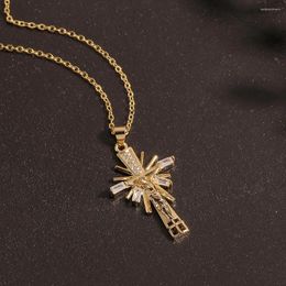 Pendant Necklaces CottvoChristian Gold Plated Copper Zircon Crucifix Cross Womens Sweater Chain Choker Baptism Gifts Jewelry