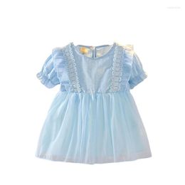 Girl Dresses Summer Cool Baby Girls Clothes 2023 Simple Style Blue Shortage Cotton Lace Beige Party Dress For 1-4 Years