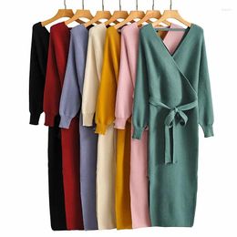 Casual Dresses 2023 Knitted V-neck Long Sleeves Knee-length Slit Bow Pencil Bodycon Dress Maxi For Women