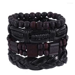 Charm Bracelets 4pcs/set Hippie Punk Macrame Cord Knots Dark Brown Black Leather Wood Beads Layers Stackable Wrap Wide Bracelet Bangles For