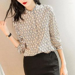 Women's Blouses Ladies Casual Fashion Western Style Shirt Imitation Mulberry Silk Temperament Stand Collar Long Sleeve Top Women