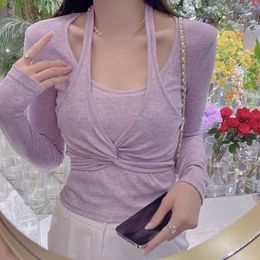 Women's Sweaters Purple Sweet False Two Piece T Shirt Women Sexy Basic T-shirt Femme Slim Korean Spring AutumnWomen's