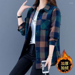 Women's Blouses Autumn Winter Women Long Sleeve Shirt Fleece Lined Vintage Plaid Jackets Warm Harajuku Office Tops Loose