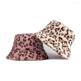 Berets Winter Faux Fur Plush Bucket Hat Leopard Print Women Outdoor Warm Sun Soft Velvet Lady Panama Fisherman Cap