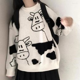 Women's Sweaters Crew Neck Loose Casual Long Sleeve Cartoon Cow Printed Cute Fashion Wild Autumn Knitted Pullover Tops