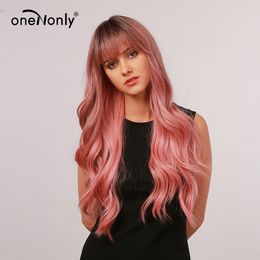 Long Body Wave Ombre Pink Synthetic Wigs with Neat Bangs Dark Roots for Women Cosplay Natural Hair Heat Resistantfactory direct