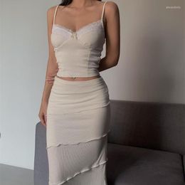 Casual Dresses Sexy V-neck Lace Suit Skirt Bow-knot Vest Overlap Stitching See-through Side Female 2-piece Mid-length