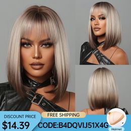 Short Straight Synthetic Wigs for Women Blonde to Brown Ombre Bob Wigs with Bangs Daily Cosplay Party Heat Resistant Fake Hairfactory direct