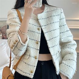 Women's Jackets 2023 Autumn Wool Striped Tweed Coat Women Clothes Fashion O-Neck Single-Breasted Slim Jacket Female Elegant Outerwear H2711