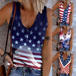 Women's Tanks Bear Top Women Independence Day Print Sleeveless Casual Knit Shirt Vest Round Neck Splice Lace Cold Shoulder