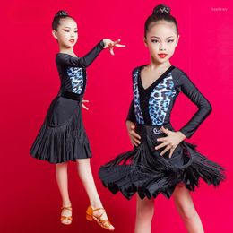 Stage Wear Spring Autumn Children Latin Dance Dress Leopard Fringed Long Sleeve Girls Training Clothes Performance