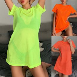 Women's T Shirts 2023 Summer Women Sexy Dense Bikini Cover Up Neon Loose Beach Dress Bathing Suit Swimwear Cover-Ups Short Sleeve