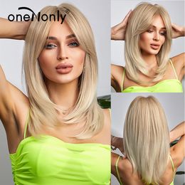 oneNonl White Blonde Wig Long Straight Synthetic Wigs for Women Daily Natural Wigs with Bangs Heat Resistant Fiber Hairfactory d