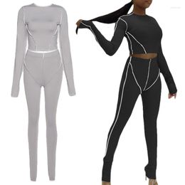 Women's Two Piece Pants Women 2 Workout Outfits Set Stacked Long Sleeve Crop Top High Waist Leggings Stitching Striped Sport Tracksuit