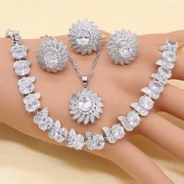 Necklace Earrings Set Wedding For Women White Imitated Emerald Crystal Zirconia Silver Colour Pendant Earring Ring Bracelet