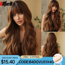 Long Wavy Brown Ombre Synthetic Wigs Natural Hair Womens Wave Wigs with Bangs Heat Resistant Daily Cosaply Use for Black Womenfactory direc