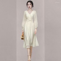 Casual Dresses France Elegant Women V Nech Chiffon Long Dress Vintage Spring Solid Colour Fringed Lace Langern Sleeve Slim Waist Vestidos