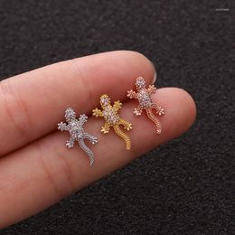 Stud Earrings 1 PCS Cute Small Copper Gecko Micro Pave CZ Earring Punk Steel Screw-back Bar Ball Ear Cartilage Piercing Cuff Jewellery