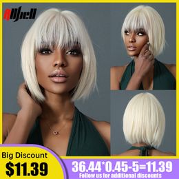 Platinum Short Bob Straight Synthetic Wigs with Bangs for Women Afro Blonde Hair Cosplay Daily Natuiral Wig Heat Resistant Fibre