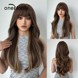 Blonde Brown Wig Long Wave Good Quality Synthetic Wigs with Bangs Party Natural Daily Heat Resistant Hairfactory direct