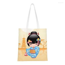 Shopping Bags Japanese Maiko Kokeshi Doll Bag Women Shoulder Canvas Tote Portable Cute Girly Vector Geisha Grocery Shopper