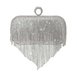 Evening Bags Rhinestone Wedding Purse Womens Clutch Luxury Design Women Handbag Silver Small Tassel Pouch Chain Shoulder 230427