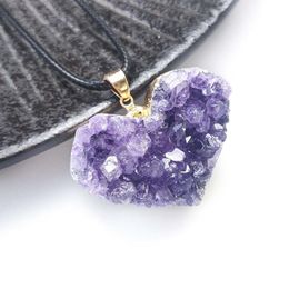 Pendant Necklaces 3Pcs/Lots Natural Uruguayan Amethysts Cluster Heart Wrap Irregular White Druzy Tooth Hole Peach Energy NecklacePendant