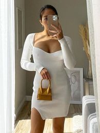 Casual Dresses Elegant Square Neck Ribbed Knitted Women Long Sleeve High Stretch Basic Bodycon Dress Streetwear Vestido De Mujer