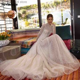 Party Dresses Sevintage Glitter Dotted Tulle Wedding Dresses Simple Full Sleeves Boho High Neck Bridal Gown 2021 Princess Bride Wedding Gowns T230502