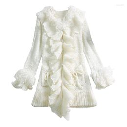 Women's Knits Elegant Knitted Open Sticch White Female Japan Princess Sweet Cute Ruffles Long Sleeve Cardigans Flare Women Sweater