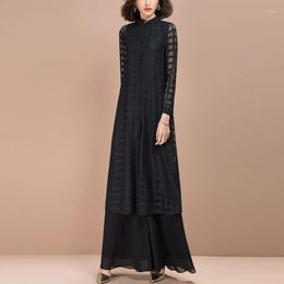 Women's Two Piece Pants Black Wide Leg Suit Elegant Women Outfits 2023 Spring Autumn Fashion OL 2 Sets Korean Loose Female Casual Lace Set