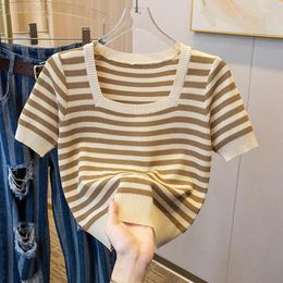 Women's T Shirts Square Collar Crop Top Striped Shirt Women Knitted Camisetas Womens 2023 Summer Korean Style Woman Clothes Short Sleeve