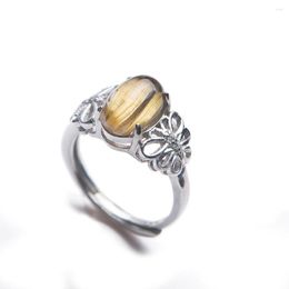 Cluster Rings Genuine Natural Gold Rutilated Quartz Bead Round Ring 10x6mm Adjustable Size Silver Fine Jewelry Man