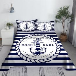 Set Boat Anchor Blue And White Stripes Bed Sheet Set 3D Printed Navy Bed Flat Sheet With Pillowcase Bed Linen King Queen Size