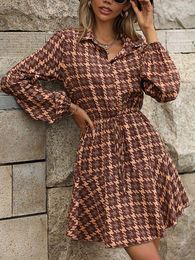 Casual Dresses Ladies Plaid Print Lantern Sleeve Vintage Dress Winter V-neck Lace Up Mini 2023 Fall Elegant Party Women