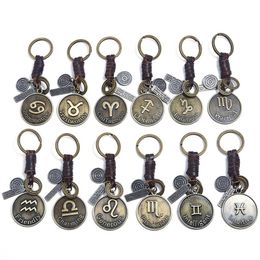 Fashion 12 Constellation Key Rings Genuine Leather Keychain Vintage Zodiac Key Chain for Men Women