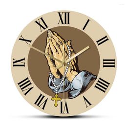 Wall Clocks Praying Hands Rosary Round Clock Prayer Faith Christ Holy Bible Cross Art Church Hope Design Silent Watch