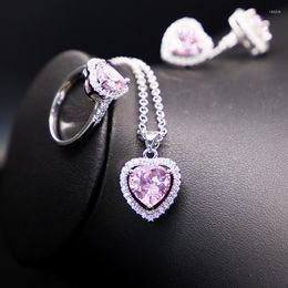 Necklace Earrings Set Year Micro-Inlaid Pink Zircon Heart-Shaped Earring Ring Bracelet Jewellery Suit Quality