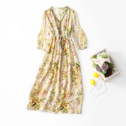 2023 Summer Multicolor Floral Print Beaded Silk Dress 3/4 Sleeve V-Neck Belted Midi Casual Dresses C3A255052