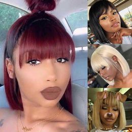 Synthetic Wigs Short Bob Wig with Bangs Straight Brazilian Remy Hair Wigs for Women Human Glueless Full Machine Made Cheap 230227