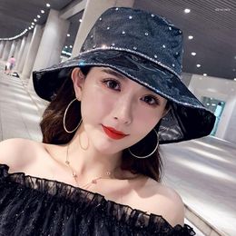 Wide Brim Hats For Women Sequined Fashion Bucket Hat Women's Summer Net Gauze Elegant Big Sun Rhinestone Beach