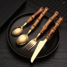 Dinnerware Sets Bamboo Cutlery Set 1pc/4pcs Stainless Steel Golden Tableware Knife Fork Spoon Flatware Dishwasher Safe Silverware