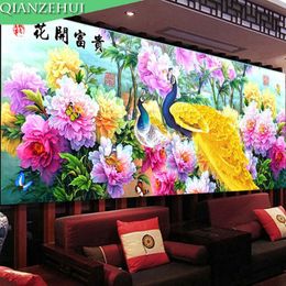 Stitch QIANZEHUI Diamond Embroidery Round Diamond landscape Peacock and Peony Full rhinestone Diamond painting cross stitch needlework