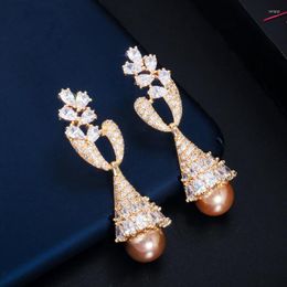 Dangle Earrings BeaQueen Delicate Long Dangling Drop Pearl Micro Paved Cubic Zirconia Stones Gold Plated Jewelry For Women Wedding E585