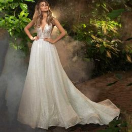 Party Dresses Simple V Neck Lace Backless Sequined Tulle Pleats A-Line Wedding Dress Bridal Gown Vestido De Noiva T230502