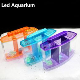 Tanks LED Light Aquarium Acrylic Three Splits Betta Fish Tank Triple Bow Fighting Isolation Hatch Breed Box Blue Purple AT007