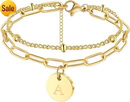 JoycuFF Layer Initial Bracelet Suitable for Girls and Ladies 18K Gold Beaded Pendant Bracelet For Her Paperclip Chain Christmas MothersD ayB irthdayJ ewelryA djust
